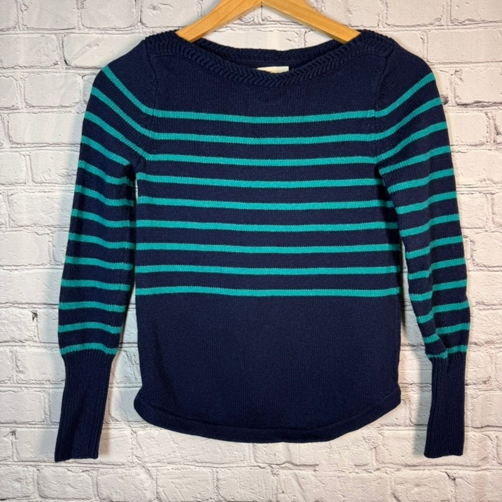 Ann Taylor LOFT XS Navy Blue Green Striped Boat Neck Sweater Braided Trim